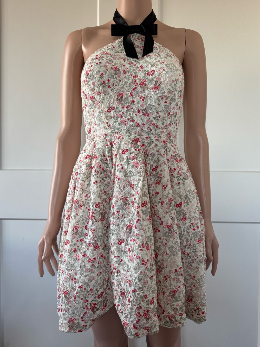 Rodarte X Target Cream Red Pink Floral Satin Halter Fit & Flare Dress 3 XS Small